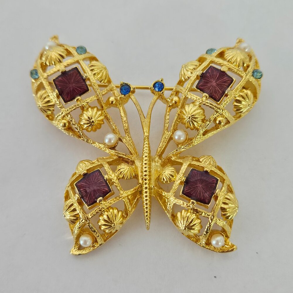 Avon Butterfly Brooch 1990's Gold-tone Faux Pearl and Rhinestone